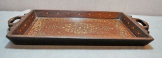Old Antique Hand Carved Fine Brass Bone Inlay Wooden Serving Tray 3