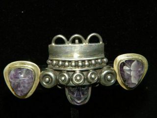Vtg Taxco Sterling Silver Pin/pendant & Earrings Los Ballesteros Amethyst