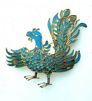 Early 20c Qing Chinese Kingfisher Feather Silver Gilt Pin Brooch Phoenix Bird