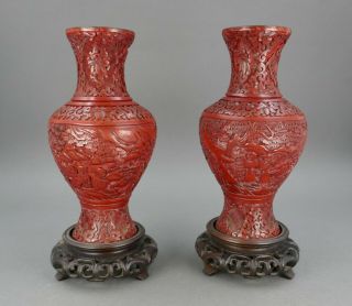 Fine Pair Antique Chinese Carved Red Cinnabar Lacquer Vases With Stand