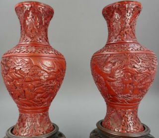 Fine Pair Antique Chinese Carved Red Cinnabar Lacquer Vases With Stand 2
