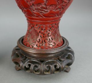 Fine Pair Antique Chinese Carved Red Cinnabar Lacquer Vases With Stand 3