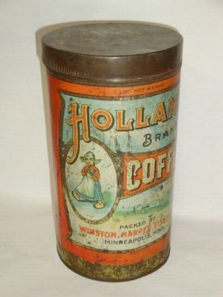 Old Tin Litho Holland Brand Tall 3 Lb.  Advertising Coffee Tin Can