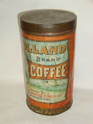 Old Tin Litho Holland Brand Tall 3 LB.  Advertising Coffee Tin Can 2