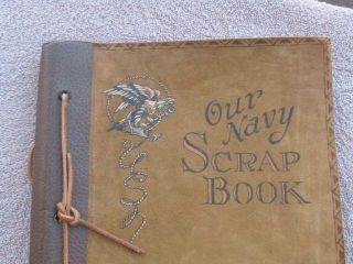 Vintage WWII Era US Navy Leather Scrapbook Great Con Handpainted Dec 40s 2