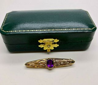 9ct Gold Art Nouveau Design Amethyst Brooch/pin (boxed)