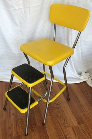 Vintage Cosco Step Stool Fold Up Seat Out Stairs Yellow Vinyl Chrome Legs Mcm