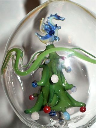 Vintage? Blown Glass Diorama Tree With Balls & Blue Dragon Topper Ornament