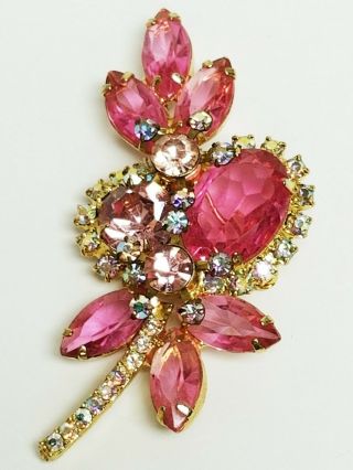 Vintage Juliana D&e Pink & Aurora Borealis Rhinestone Floral Spray Pin Brooch