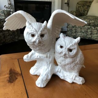 Pair Snowy White Owls Figurine Ceramic 9.  25”t X 10” W X 7” D Vintage Napcoware
