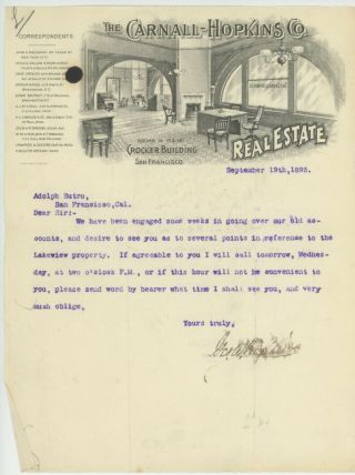 Letter To Adolph Sutro 1893 From Carnall - Hopkins Co Real Estate - Lakeview