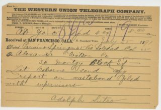 Telegram To Alexander Watson Co 1891 From Adolph Sutro