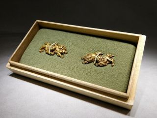 Golden Shishi Foo Dogs Menuki 18 - 19thc Japanese Antique Edo Koshirae