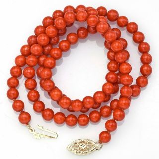 Vintage 14K Yellow Gold Red Coral Beaded Strand Necklace 11.  2 Grams 16.  5 Inches 3
