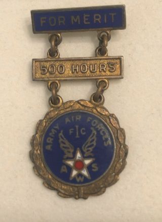 Wwii Era Sterling Us Army Air Force Aws For Merit 500 Hours Badge Medal