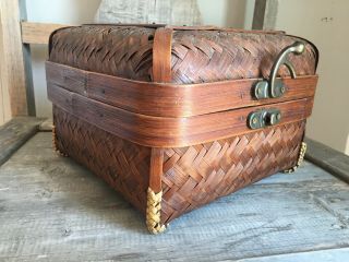 Vintage Wooden Trunk Chest Hinged Storage Box Case Woven Wicker/bamboo & Copper