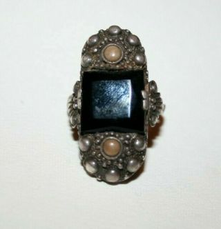 Antique Art Deco Black Onyx & Angelskin Coral Large Silver Granulation Head Ring