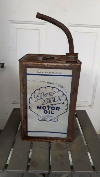 Shell Motor Oil/ Silver Shell Motor Oil Tin Vintage Five U.  S.  Gallons