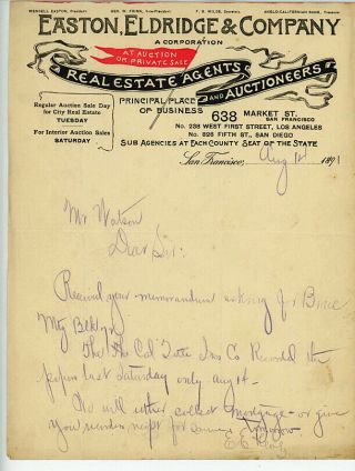 Letter To Agent Of Adolph Sutro From Real Estate Agents & Auctioneers