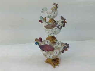 Rooster And Hen 3 Piece Figurine Stacked Set Farmhouse Ceramic Plaster