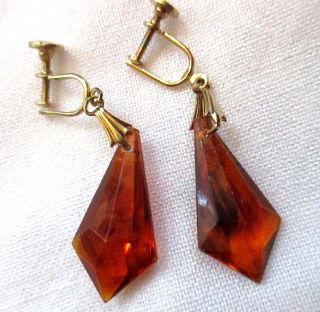 Vintage 50s Deco Screw Back Earrings Amber Glass Dangle Crystals