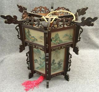 Big Antique Asian Lamp Lantern Wood And Painted Glass Details Woodwork