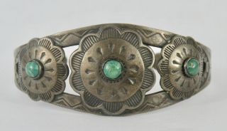 Vintage Navajo Fred Harvey Era Sterling Silver Green Turquoise Cuff Bracelet