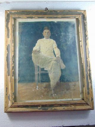 Old Wooden Frame Print Indian Village Man Sitting On Chair 1096 11