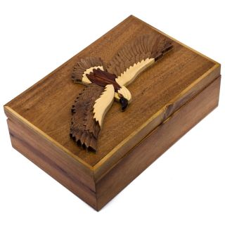 Wood Intarsia Hawk Eagle Large Size Jewelry Box Trinkets 9 " X 6 " Handcrafted
