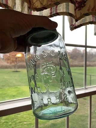 Vtg Aqua Quart Fruit Jar - Mason’s (arched) Patent Nov 30th 1858 W/ Fat Cfjco