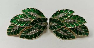 Vintage Crown Trifari Signed Green Enamel Rhinestone Clip On Earrings
