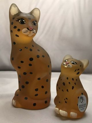 Fenton Signed Hand Painted Mother Leopard & Cub Set Mib