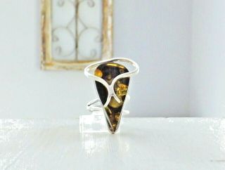 Vintage Mid Century Sterling Silver 925 Modernist Baltic Green Amber Size 7 Ring