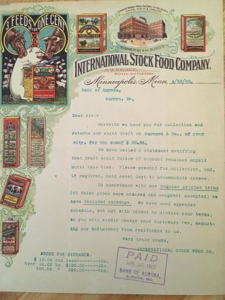 1902 International Stock Food Co Billhead,  Colored Billhead,  Minneapolis Receipt