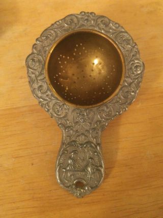 Antique Ornate German Silverplate Tea Strainer With Brass Strainer