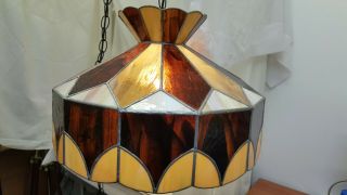 Tan Brown Leaded Stained Glass Hanging Swag Lamp Vintage 19 " Shade