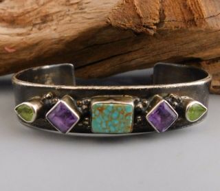 Milton Lee Vintage Navajo Old Pawn Sterling Turquoise Multi - Stone Cuff Bracelet