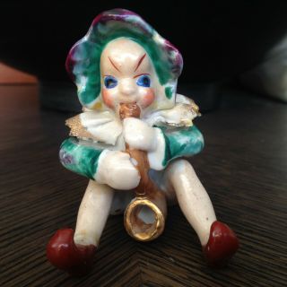 Vintage Leprechaun Jester Elf Gnome Ceramic Figurine W Musical Instrument,  Japan