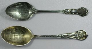 {do494c} 2 Sterling Silver Souvenir Spoons Battleship,  Maine & Denver,  Co