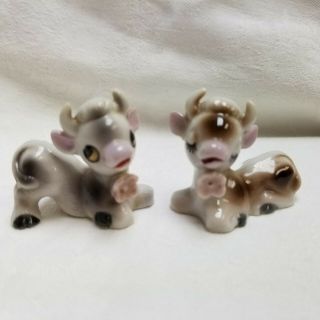 Set Of 2 Vintage Cow Miniature Porcelain Figurines Made In Japan