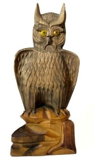Vintage Hand Carved Wood Owl Bird Figurine Art Sculpture Wooden Decor Statue