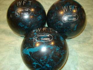 Vintage Set Of 3 Manhattan Rubber Duckpin Bowling Balls Black W/blue Swirls