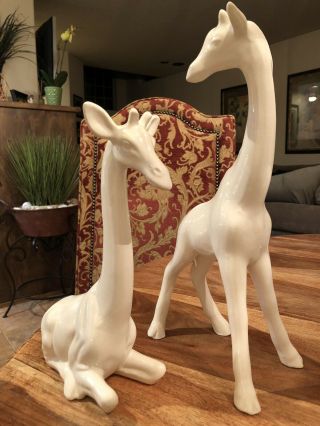 Vintage Giraffe Ceramic Figurines 15 And 11 Inches Tall Pair Glossy White