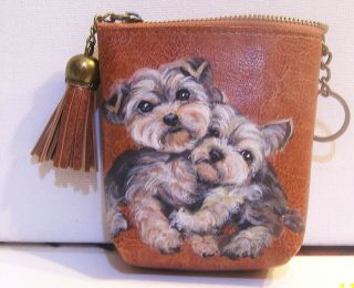 Yorkie Hand Painted Leather Coin Purse With Tassel And Keyring