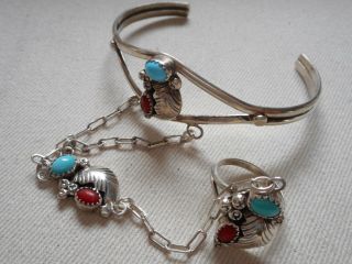 Vintage Sterling Silver Turquoise Coral Cuff Slave Bracelet Ring 556671