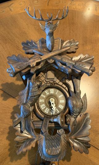 Large Vintage Regular Black Forest Cuckoo Clock Germany 3 Weight Carved Deer