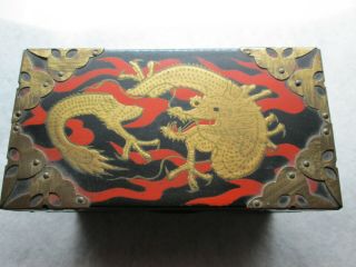 Vintage Black Lacquered Chinese Playing Card Box Metal Inlay Dragon