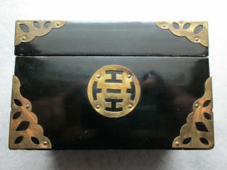Vintage Black Lacquered Chinese Playing Card Box Metal Inlay Dragon 2
