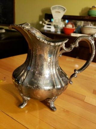 Vintage Ornate Silver Plated Water Pitcher Mom Dad 25th Anniversary