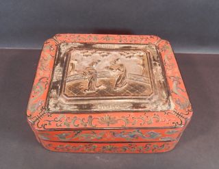 Antique Chinese Red And Black Lacquer Box With Gilt Panel Dragons 10 Inches